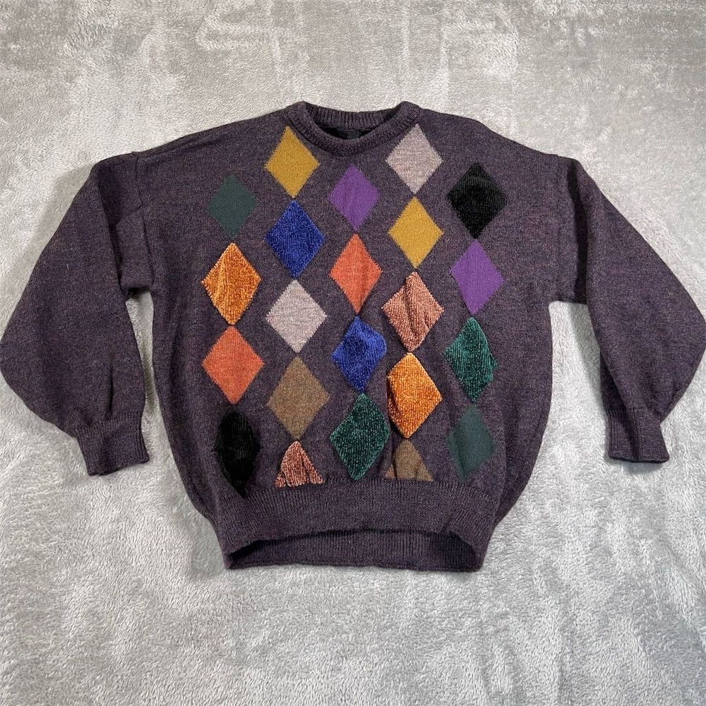 Vittorio Rocchetti Sweater Men's Medium Brown Wool‎ Argyle Crew Neck Milano